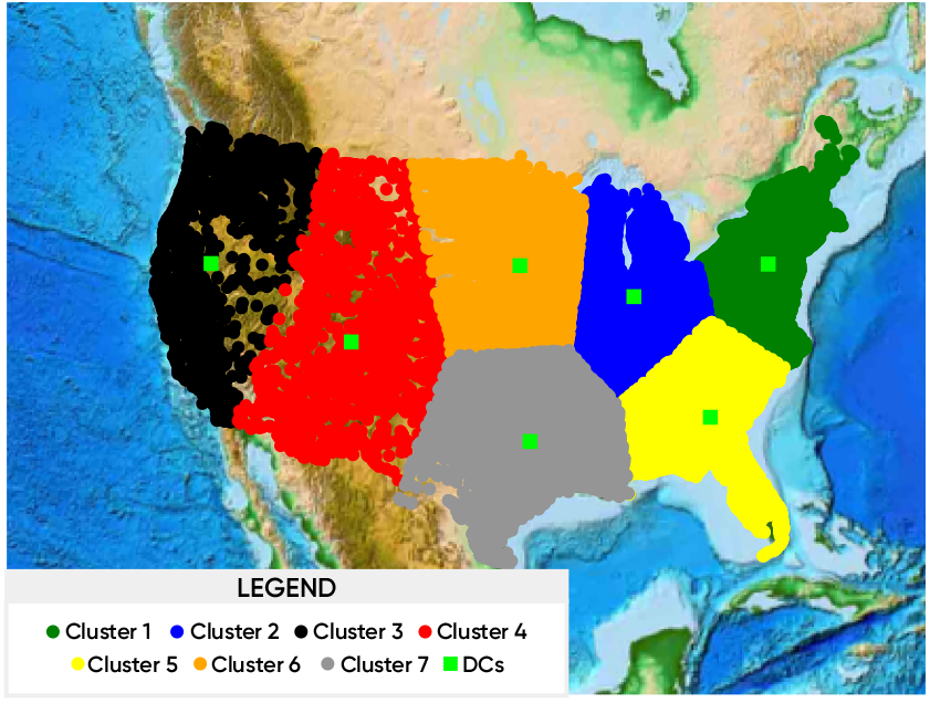 US Cities clustered on the map with optimal locations of distribution centers